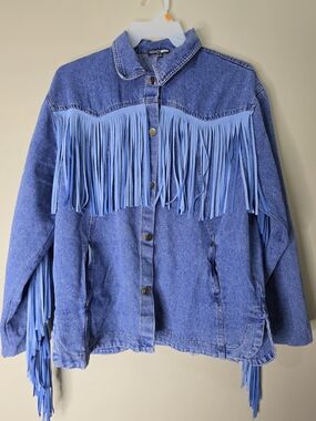 Fashion Nova Fringe Denim Jacket Womens M Blue Western Boho Button Up Oversized